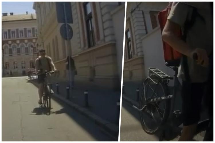 VIDEO: ,,Ce-ai facu' Bobiță?”- Un livrator pe bicicletă s-a ciocnit de o mașină, pe o stradă din centrul Clujului. Tânărul verifica comanda pe telefon