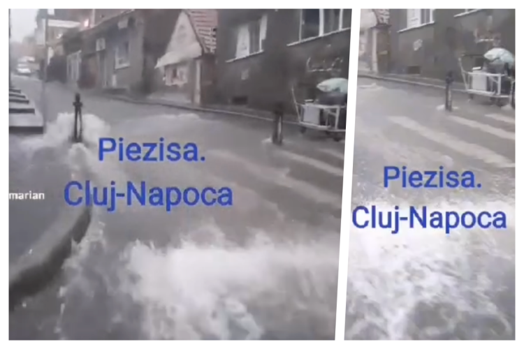 Ploaia a făcut ravagii în Cluj! Canalele s-au transformat în arteziene pe strada Piezișa - VIDEO 