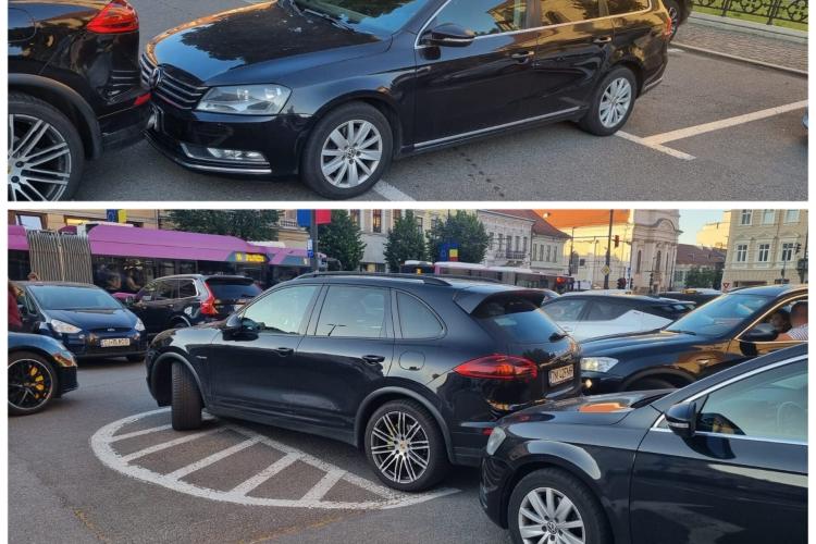 Se caută un șofer a cărui mașină a blocat singură parcarea din centrul Clujului și apoi s-a ”parcat” în altă mașină: ”Hai și trage frâna”- FOTO