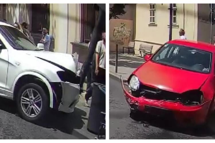 Accident în centrul Clujului. Un BMW a ajuns într-un stâlp în urma impactului/ Trei persoane, între care o fetiță, au fost transportate la spital - VIDEO
