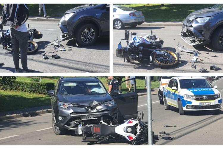 Accident pe strada Unirii din Cluj-Napoca: O mașină și o motocicletă s-au ciocnit - FOTO 