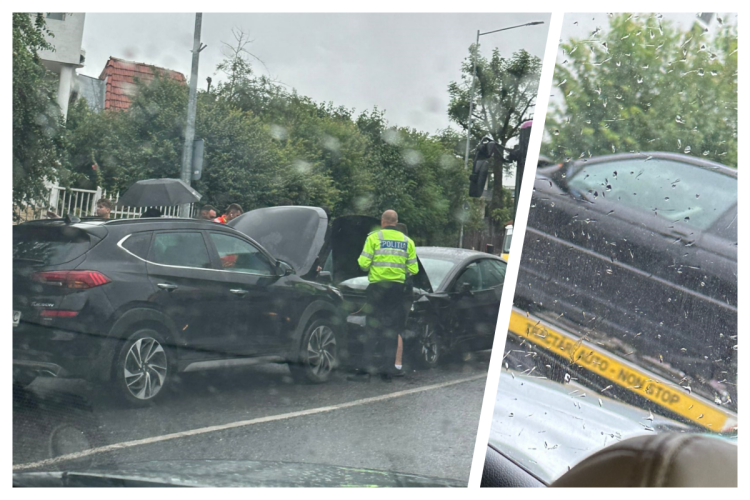 Două autoturisme de lux implicate într-un accident pe Calea Turzii,  din Cluj-Napoca, în această seară. Un BMW și o Tesla au fost serios avariate- FOTO