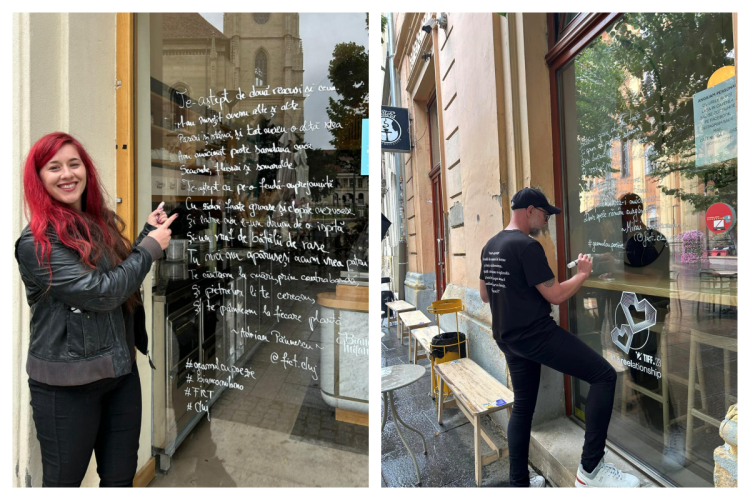 Poezii scrise astăzi pe geamurile magazinelor din centrul Clujului: „Știi ce fain e să vezi oamenii oprindu-se să citească versuri în ploaie? FOTO