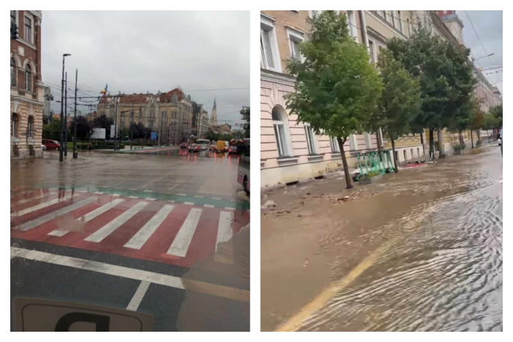 Străzi inundate în centrul Clujului! Trafic îngreunat după ce s-a spart o țeavă: „Viitorul sector navigabil” - VIDEO
