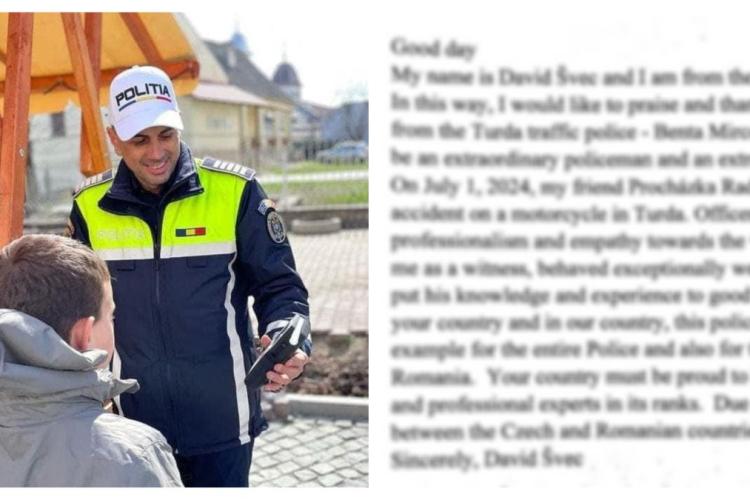 Scrisoare de mulțumire primită de un polițist clujean direct din Cehia. Cum a reușit Mircea să ajute și impresioneze doi turiști - FOTO