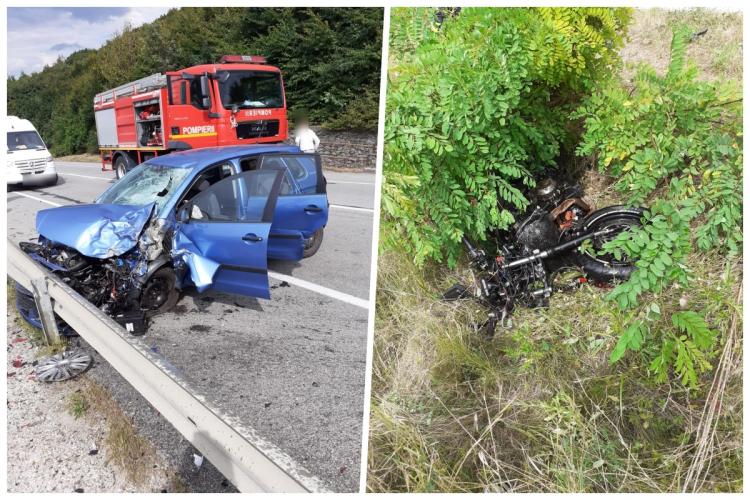 Cluj: Accident în Bunești între o motocicletă și o mașină! Două persoane au ajuns la spital/ Motociclistul a suferit traumatisme multiple - FOTO  