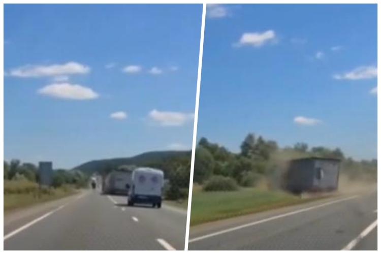 Clipe de groază pentru un șofer de TIR! Cauciucul i-a explodat în mers, pe drumul care leagă Clujul de Oradea - VIDEO 