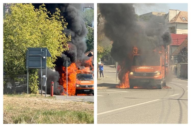 Camion în flăcări în Cluj-Napoca. Camionul care transporta mobilier din pal melaminat arde ca o torță FOTO/VIDEO