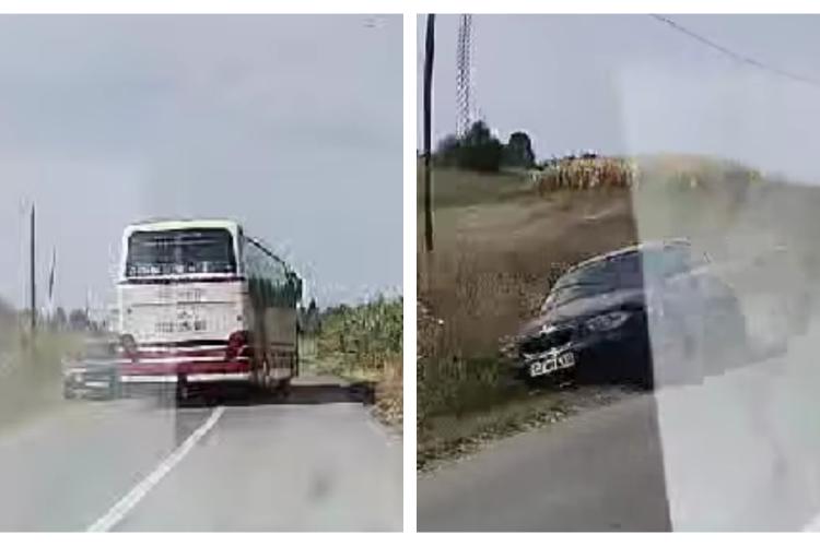 VIDEO Un autobuz intrat pe contrasens era să producă o tragedie pe un drum din Cluj. O mașină a evitat în ultima clipă accidentul