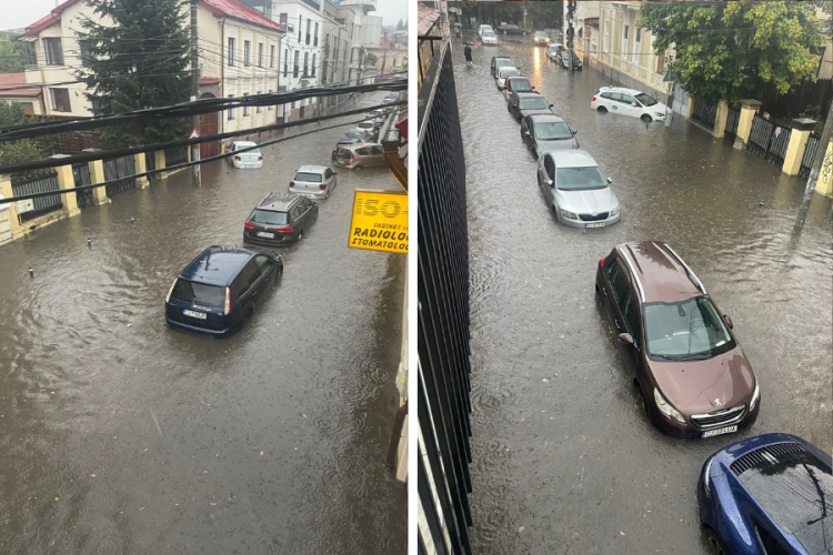 Furtuna a făcut ravagii în Cluj! O stradă din centru, inundată total. Mașinile plutesc în zonă - Vezi FOTO