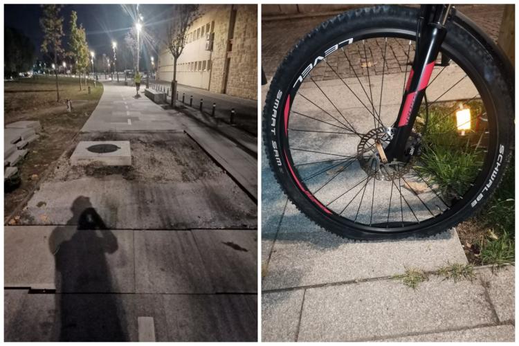 ,,Era să îmi rup și gâtul în Clujul de 5 stele” - Biciclist, la un pas să fie rănit după ce a trecut printr-o zonă cu lucrări nesemnalizate - FOTO