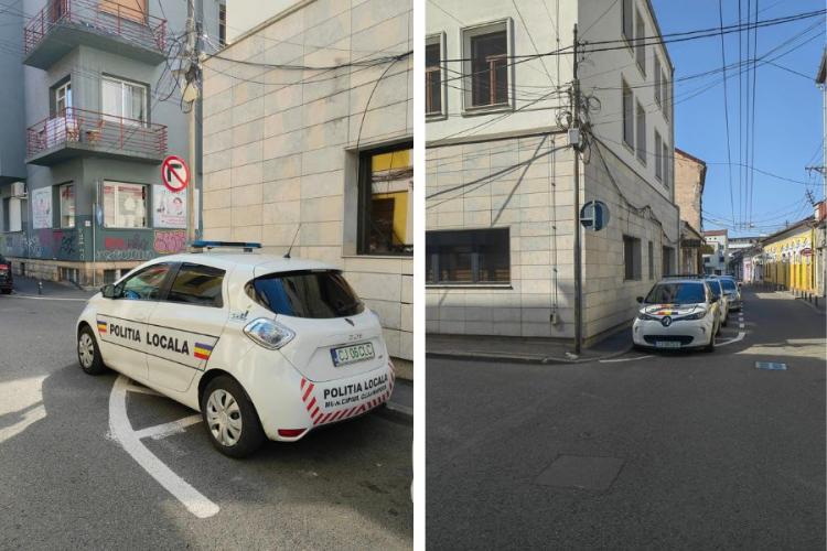 Mașina Poliției Locale, parcată ilegal într-o intersecție din Cluj-Napoca: „Îi ridicam ștergătoarele. Când organul e mai presus de lege” 