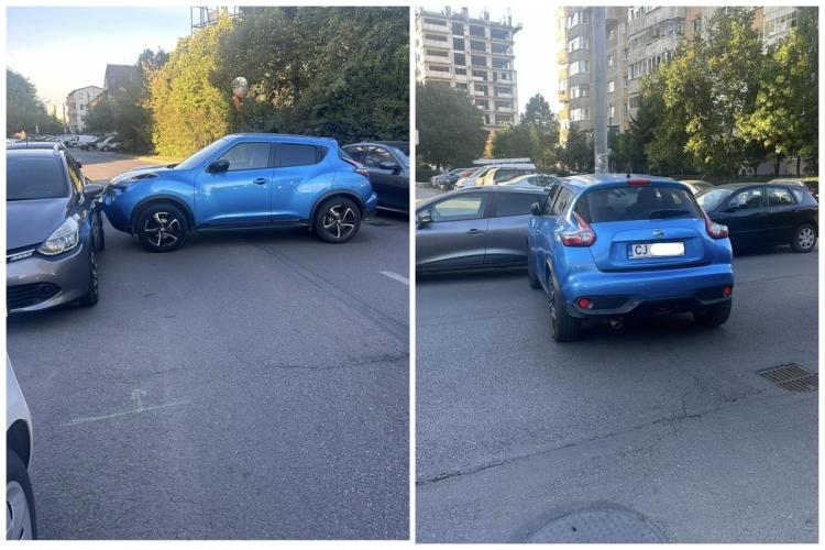 ,,A uitat să tragă frâna de mână” - O mașină fără șofer s-a ,,parcat” în altă mașină pe o stradă din Cluj. A blocat complet o bandă de circulație - FOTO