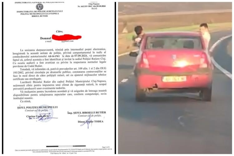 Document fals emis în numele Poliției Cluj circulă în spațiul public! IPJ Cluj neagă emiterea actului legat de videoul cu copiii pe geamul mașinii de pe A3