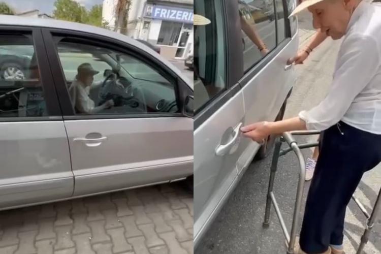 Bătrână care poate merge doar sprijinită de un cadru, filmată la volanul unei mașini VIDEO