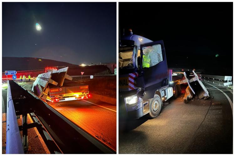 Accident de centura Vâlcele-Apahida, din Cluj! Traficul a fost blocat după ce trei grinzi de beton au căzut dintr-un camion -FOTO