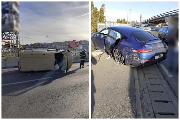 FOTO Accident în Florești- O dubă s-a răsturnat lângă VIVO Cluj, iar un Mercedes a fost distrus/ Un tânăr, transportat de urgență la spital 