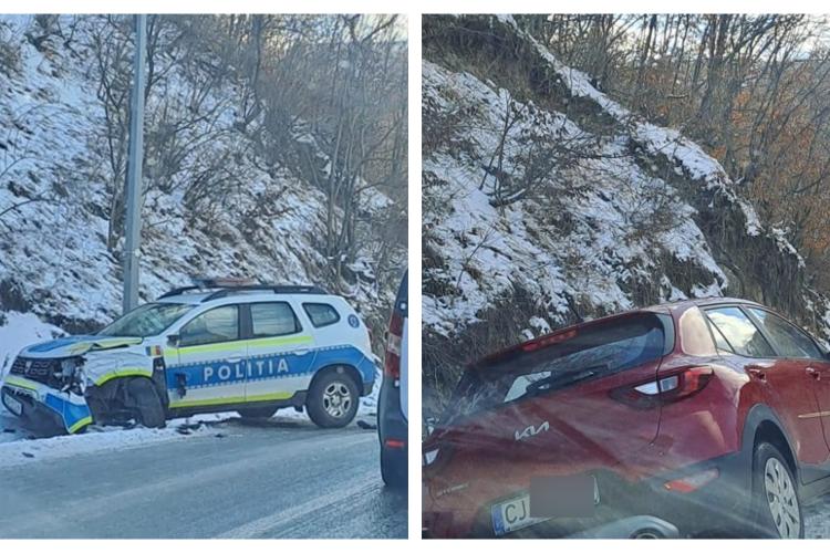 Accident rutier pe un drum din Cluj! Mașină de poliție lovită după ce un șofer a pierdut controlul într-o curbă