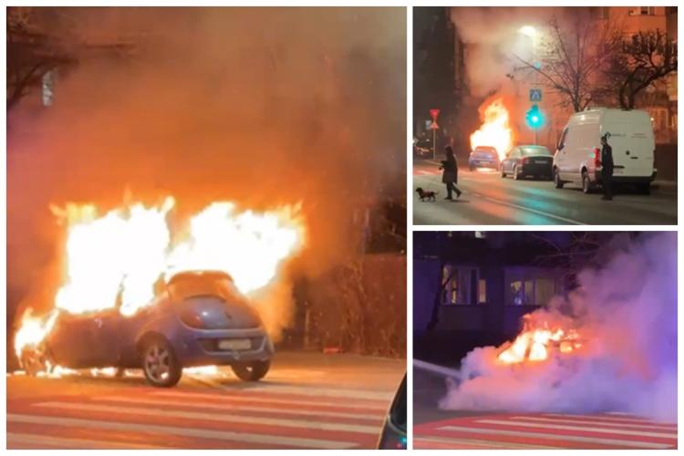 IMAGINI DRAMATICE cu incendiul de pe strada Donath din Cluj! O mașină a ars ca o torță - FOTO și VIDEO 