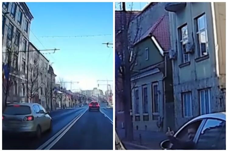 Tupeu INCREDIBIL din partea unui șofer, în centrul Clujului! A depășit pe linie dublă continuă, pe roșu. Tot el a arătat semne obscene în trafic - VIDEO 