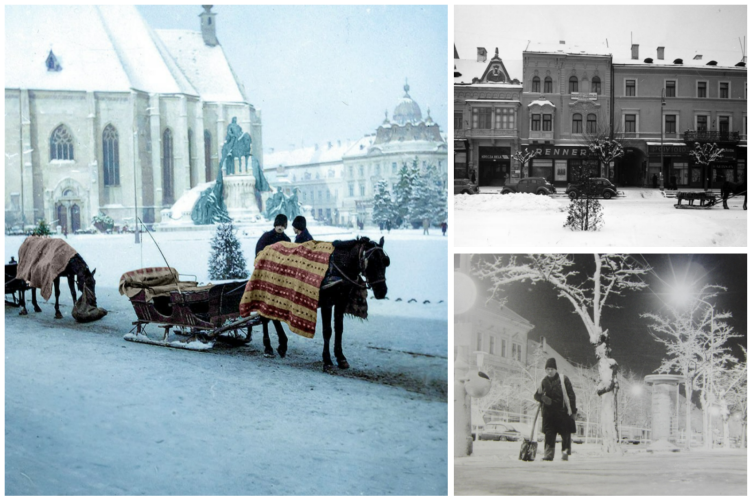 Fotografii SUPERBE de colecție cu iernile de poveste de la Cluj: Știți de ce săniile trase de cai erau nelipsite din Piața Unirii? FOTO